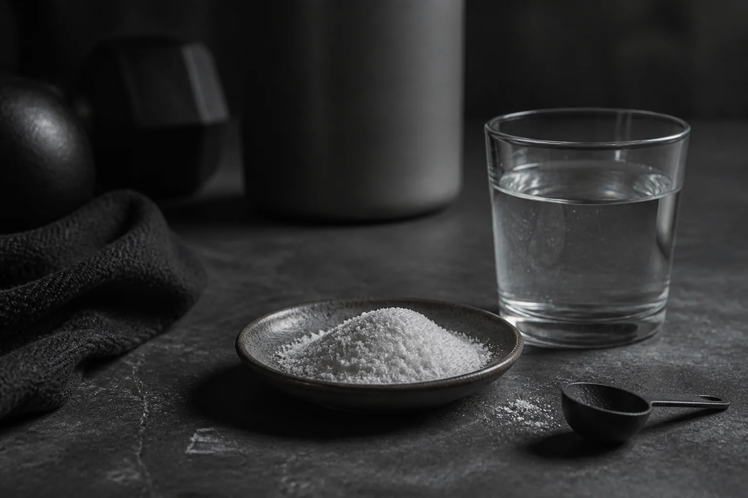 Kreatin tozu, ölçü kaşığı ve bir bardak su