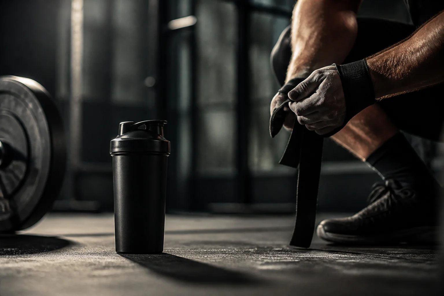 Premium spor salonunda antrenmana hazırlanan sporcu ve mat siyah shaker