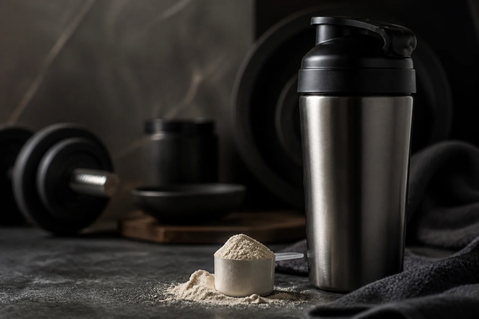 Protein tozu, ölçü kaşığı ve mat siyah shaker